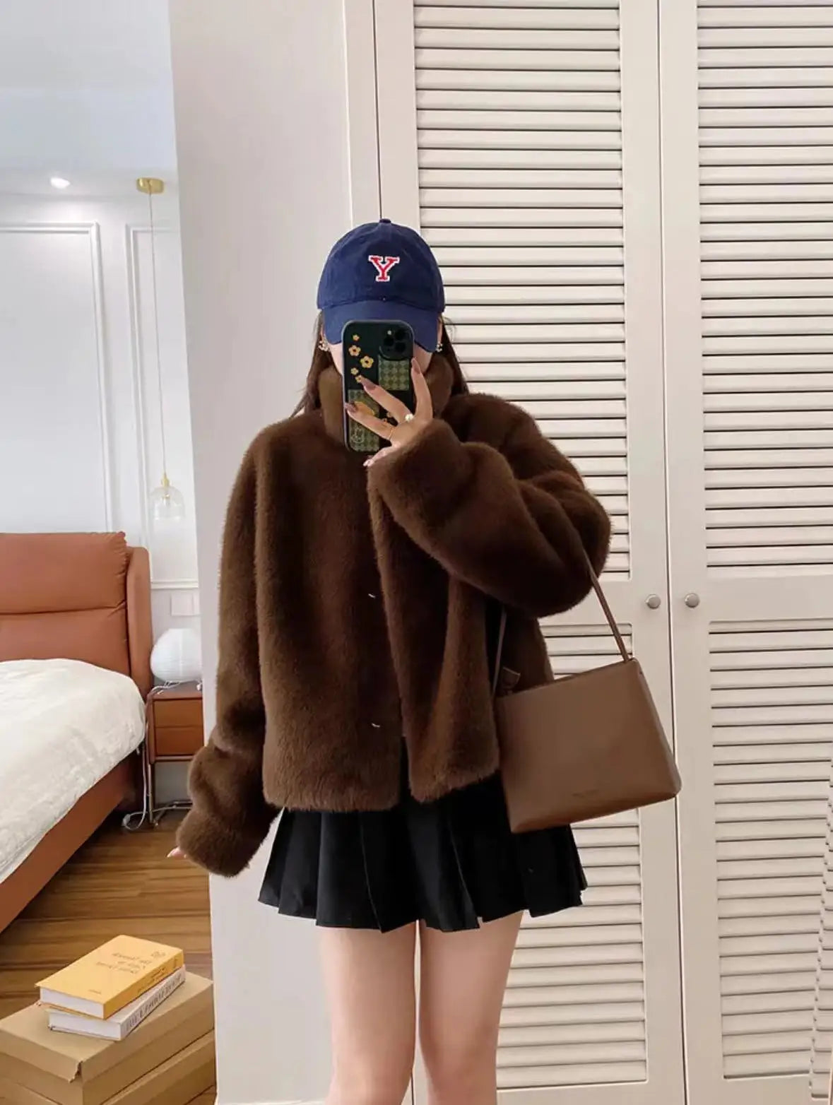 Golden Mink Lined Faux Fur Coat – Short Stand Collar Winter Jacket