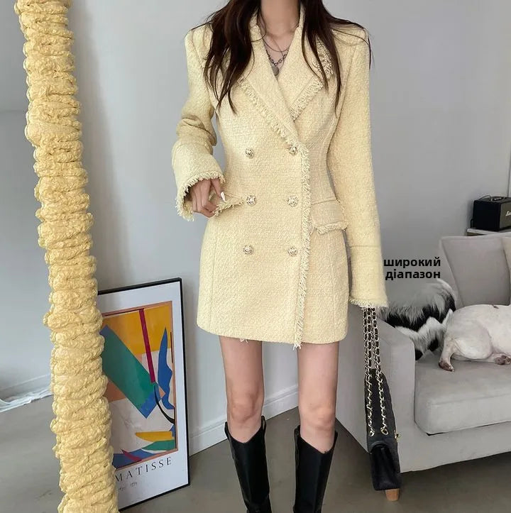 Waist Cinched Wool Coat – Women’s Chic Long Sleeve Double-Breasted Jacke