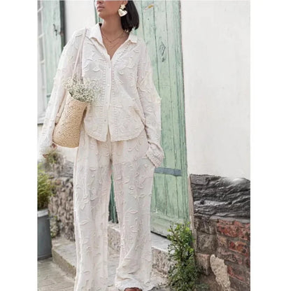 Women’s 2-Piece Suit – Elegant Long Sleeve Shirt & Wide Leg Pants