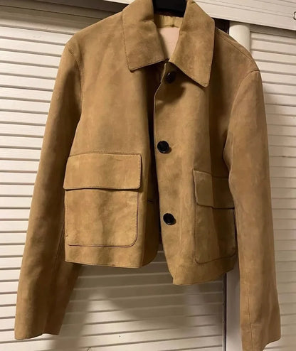 Women’s Casual Suede Jacket – Long Sleeve Solid Lapel Autumn Coat