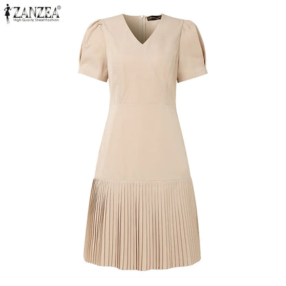 Women’s Summer Pleated Dress – V-Neck Puff Sleeve Party Dress