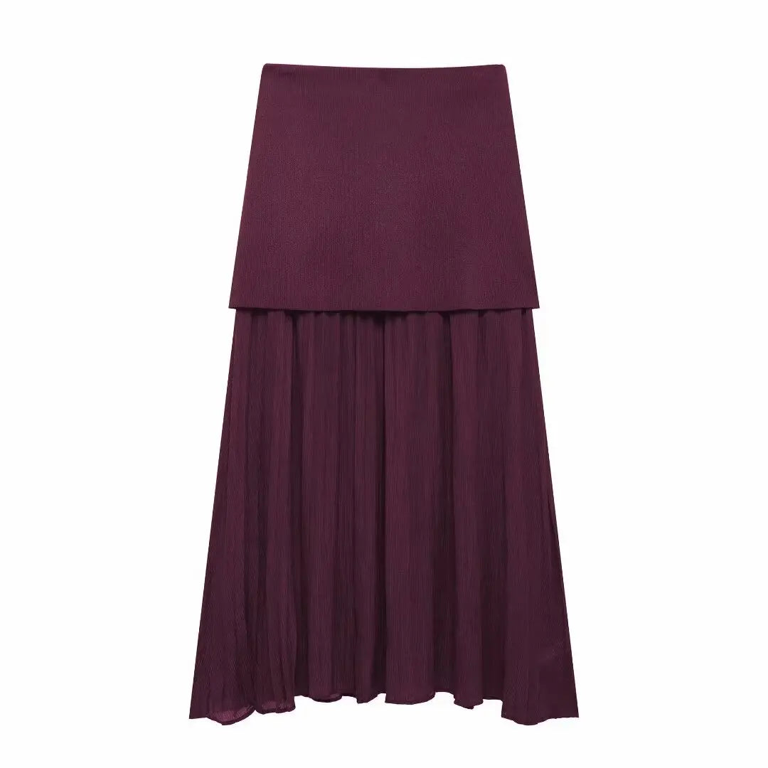 Wine Red Knitted Vest & High Waist Long Skirt – TRAFZA 2025 Women’s Set