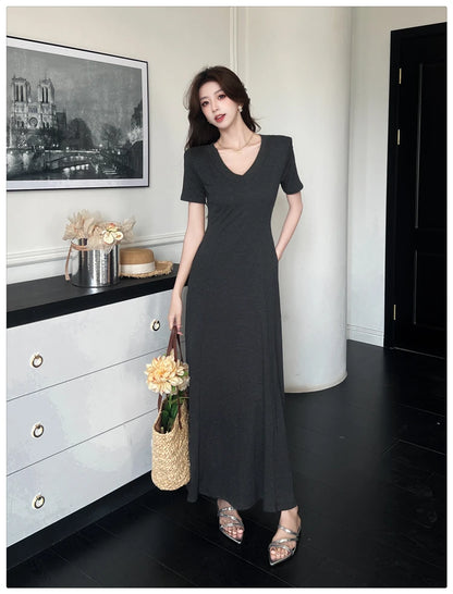 Casual Summer Dress – V-Neck Slim Waist Flared Skirt for Women