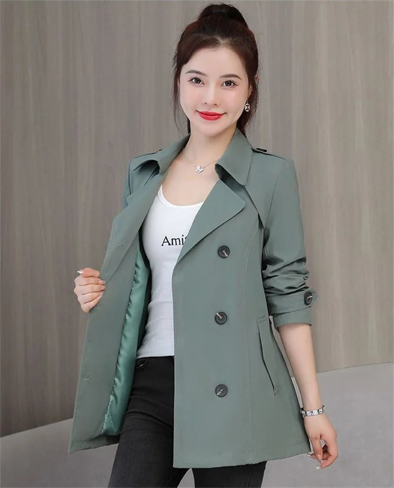 Spring Outerwear for Women – Belted Double-Breasted Long Sleeve Jacket