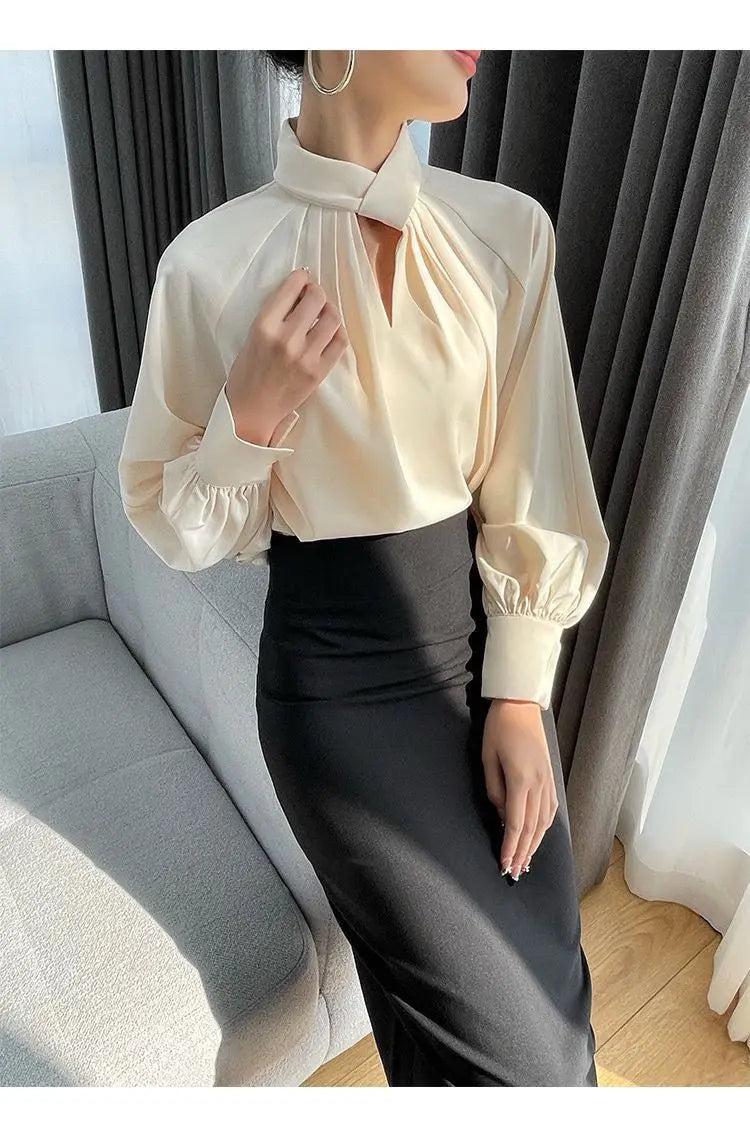 Fashion Spring Blouse – Hollow Puff Sleeve Solid Color Women’s Top