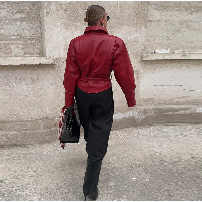 Short Faux Leather Jacket – Women’s Pockets Belt Turn-down Collar Coat
