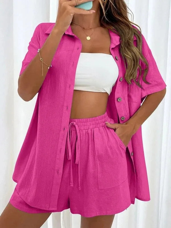 Fashionable Women’s 2-Piece Set – Single-Breasted Top & Wide Shorts