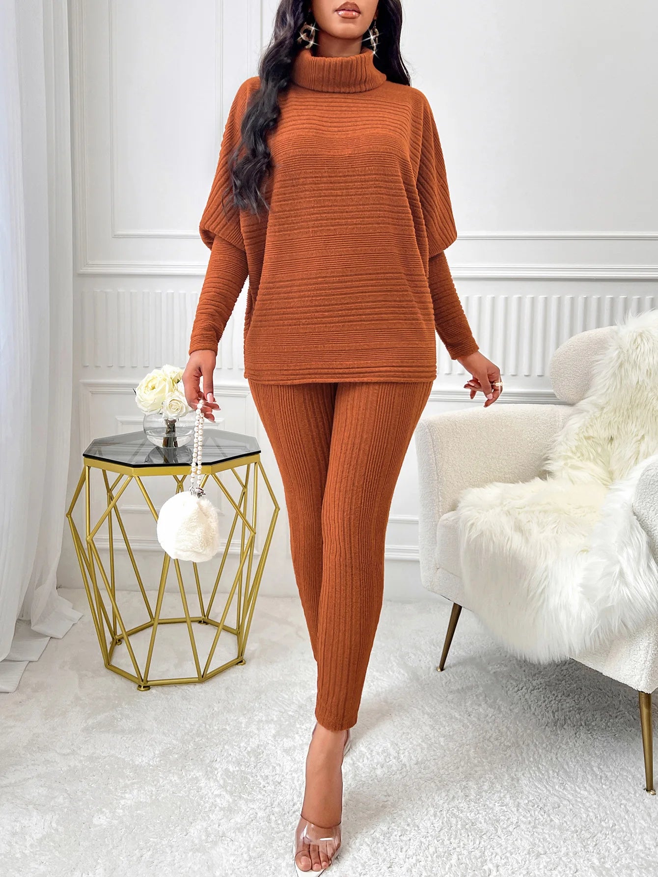 Street Style Two-Piece – High-Neck Top & Slim Knit Pants for Women