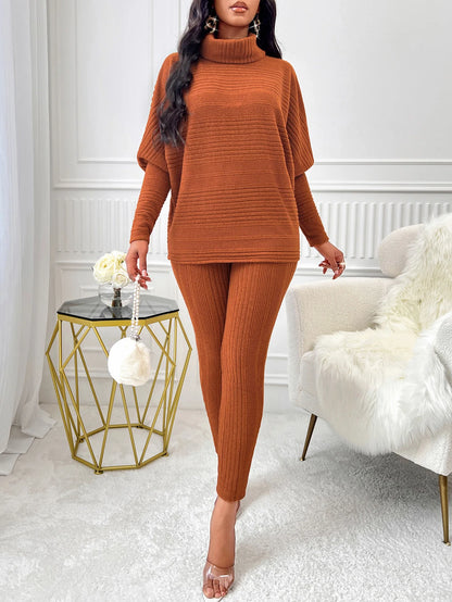 Street Style Two-Piece – High-Neck Top & Slim Knit Pants for Women