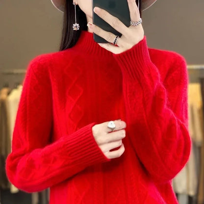Korean Style Women’s Sweater – 100% Merino Wool Turtleneck Top