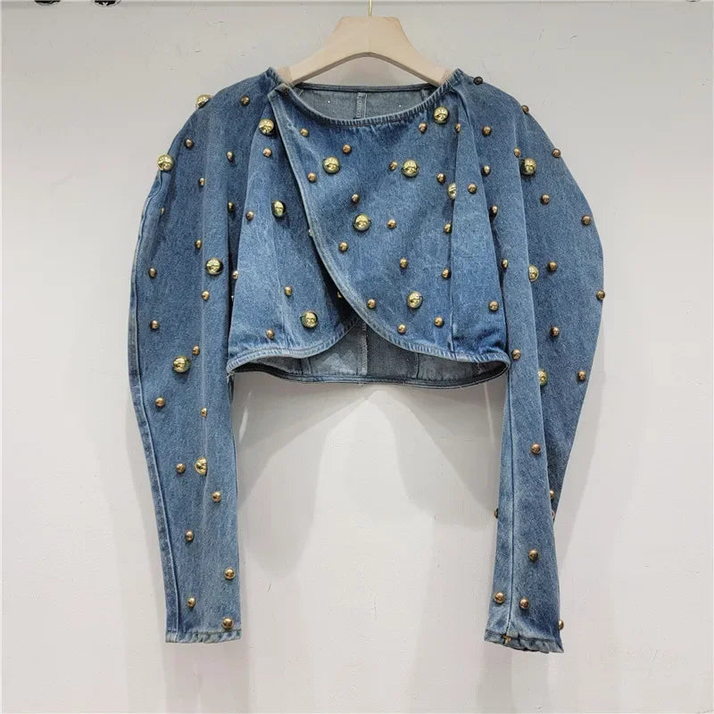 Pearl Beaded Cowboy Jacket – Women’s Long Lantern Sleeve Denim Bomber