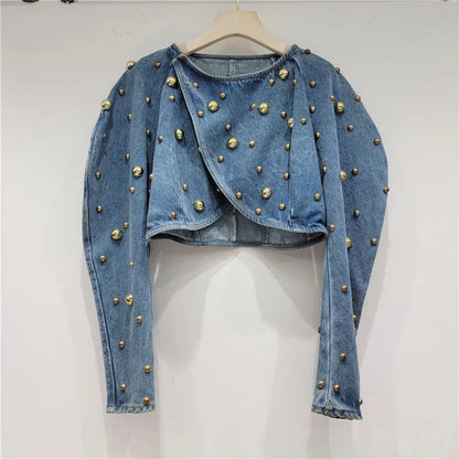 Pearl Beaded Cowboy Jacket – Women’s Long Lantern Sleeve Denim Bomber