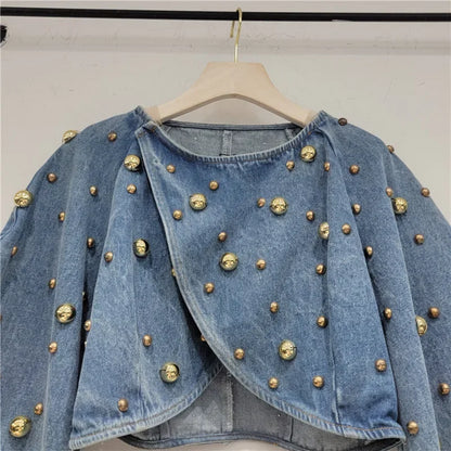 Pearl Beaded Cowboy Jacket – Women’s Long Lantern Sleeve Denim Bomber