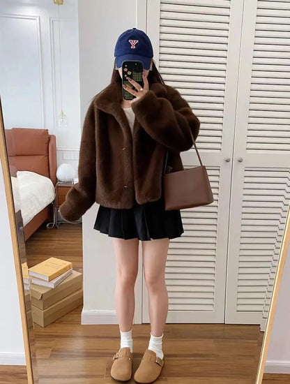 Golden Mink Lined Faux Fur Coat – Short Stand Collar Winter Jacket