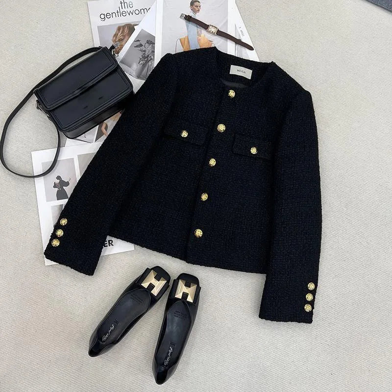 Short Black Tweed Coat – Women’s Autumn Winter Single-Breasted Jacket