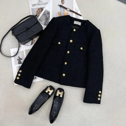 Short Black Tweed Coat – Women’s Autumn Winter Single-Breasted Jacket