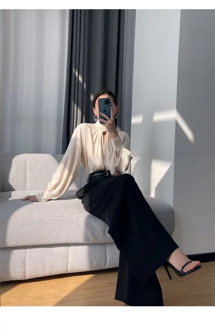 Fashion Spring Blouse – Hollow Puff Sleeve Solid Color Women’s Top