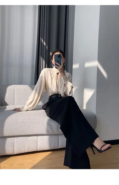 Fashion Spring Blouse – Hollow Puff Sleeve Solid Color Women’s Top