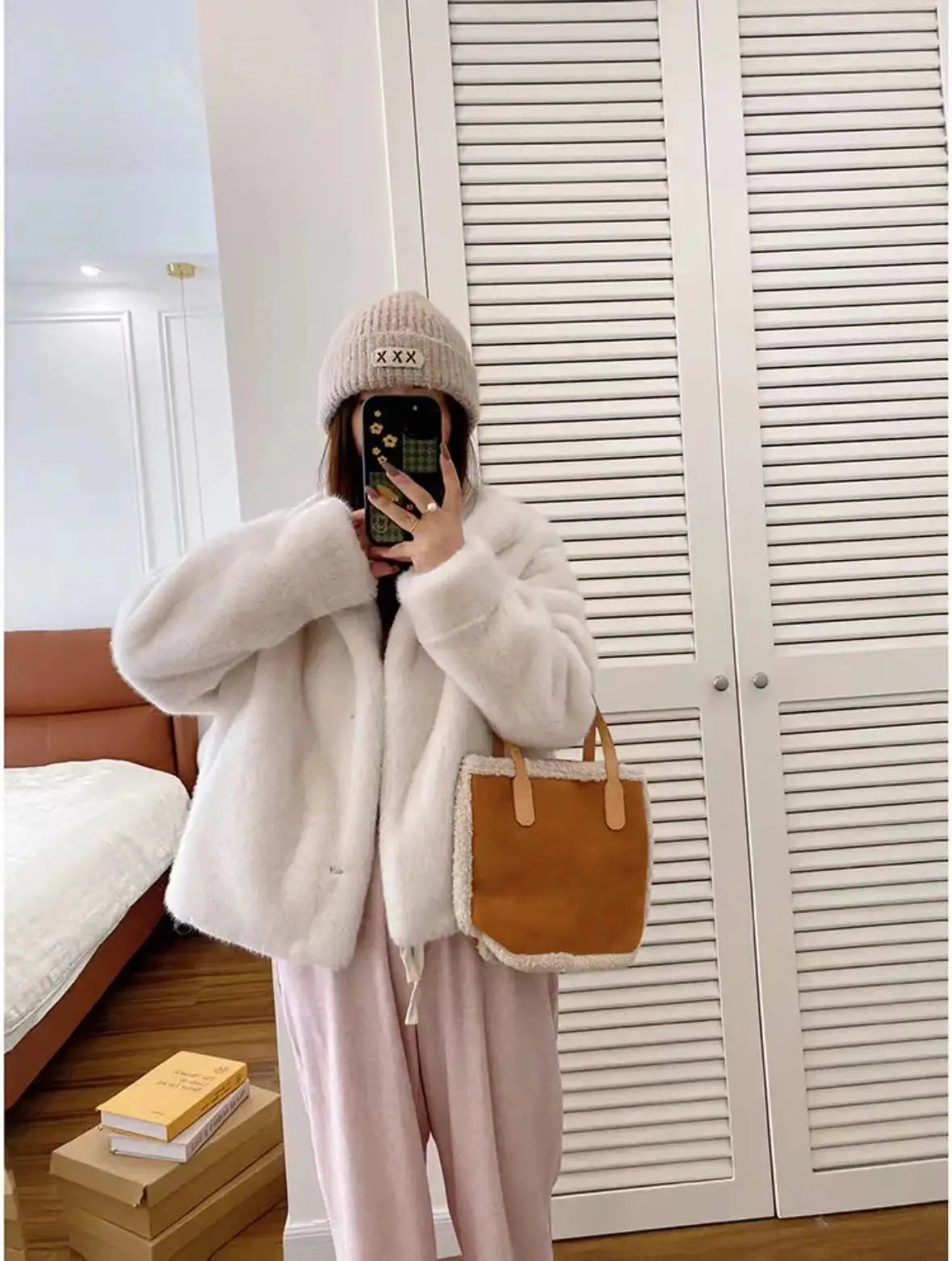 Golden Mink Lined Faux Fur Coat – Short Stand Collar Winter Jacket