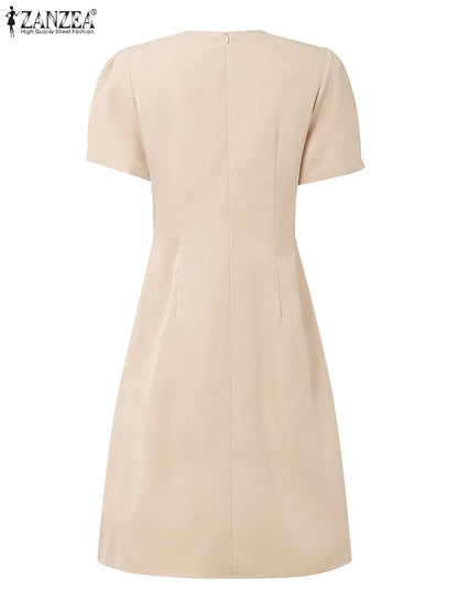 Women’s Summer Pleated Dress – V-Neck Puff Sleeve Party Dress