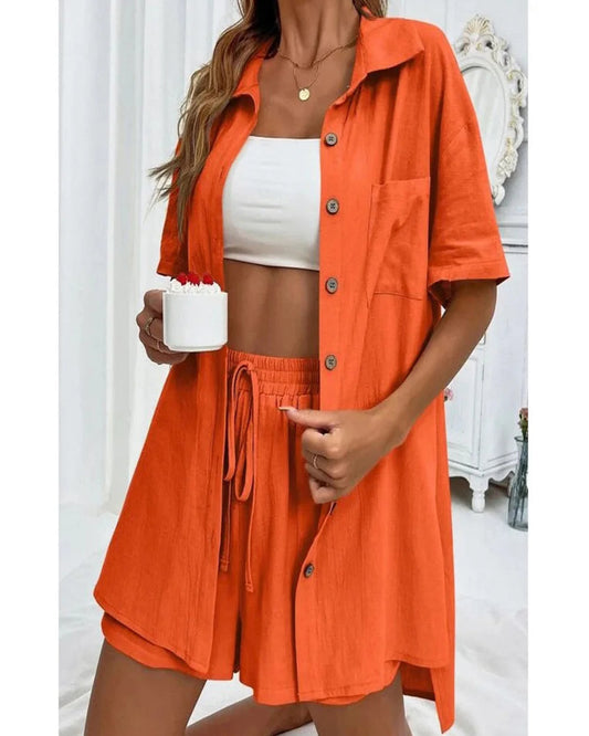 Fashionable Women’s 2-Piece Set – Single-Breasted Top & Wide Shorts