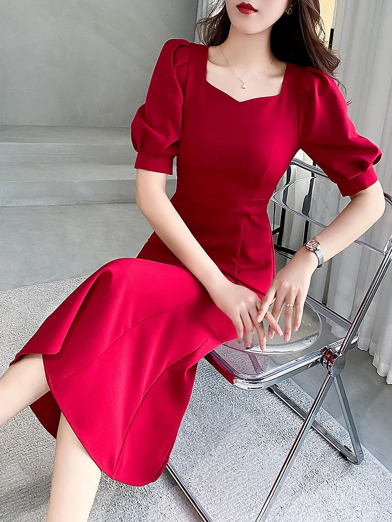 Fashionable Summer Dress – Slim Fit Square Collar Bubble Sleeve