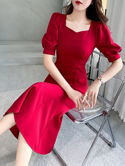 Fashionable Summer Dress – Slim Fit Square Collar Bubble Sleeve