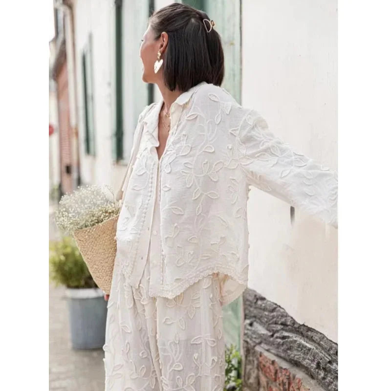 Women’s 2-Piece Suit – Elegant Long Sleeve Shirt & Wide Leg Pants
