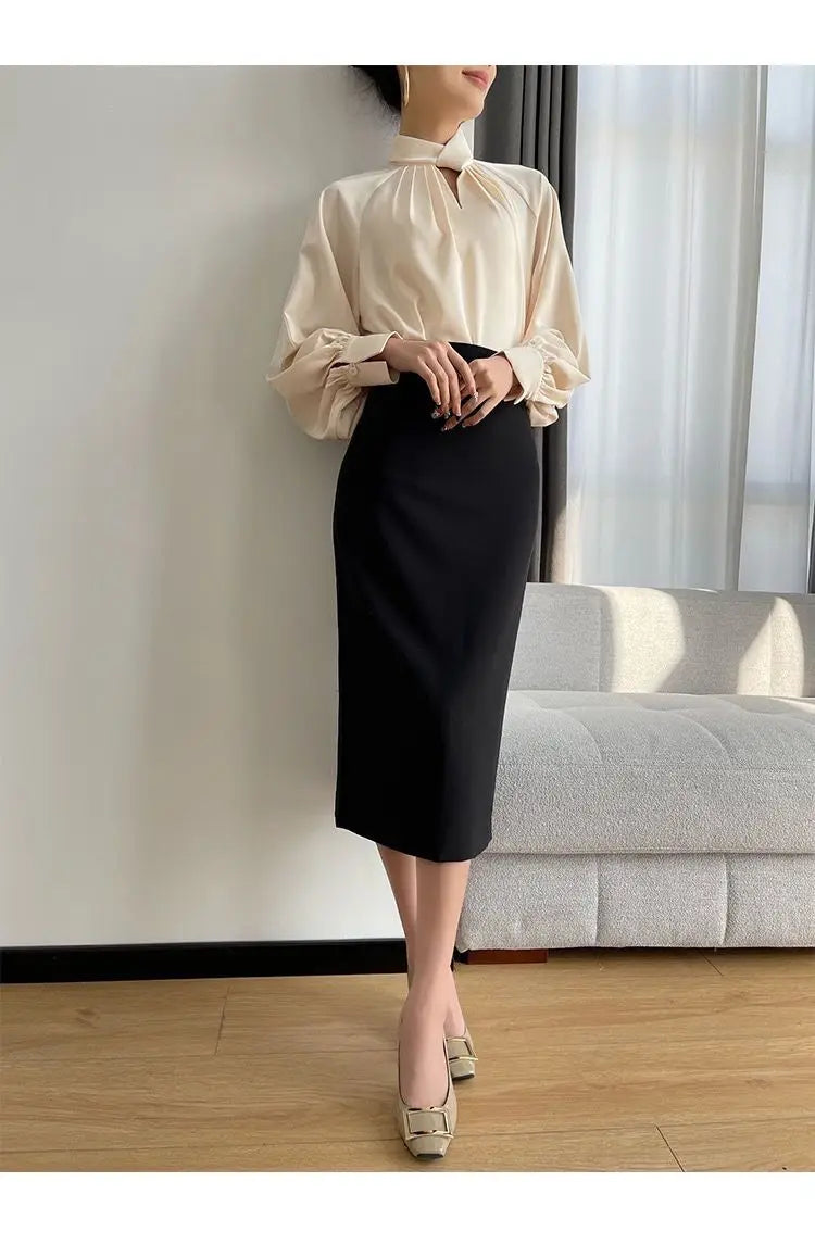 Fashion Spring Blouse – Hollow Puff Sleeve Solid Color Women’s Top