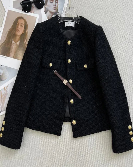 Short Black Tweed Coat – Women’s Autumn Winter Single-Breasted Jacket