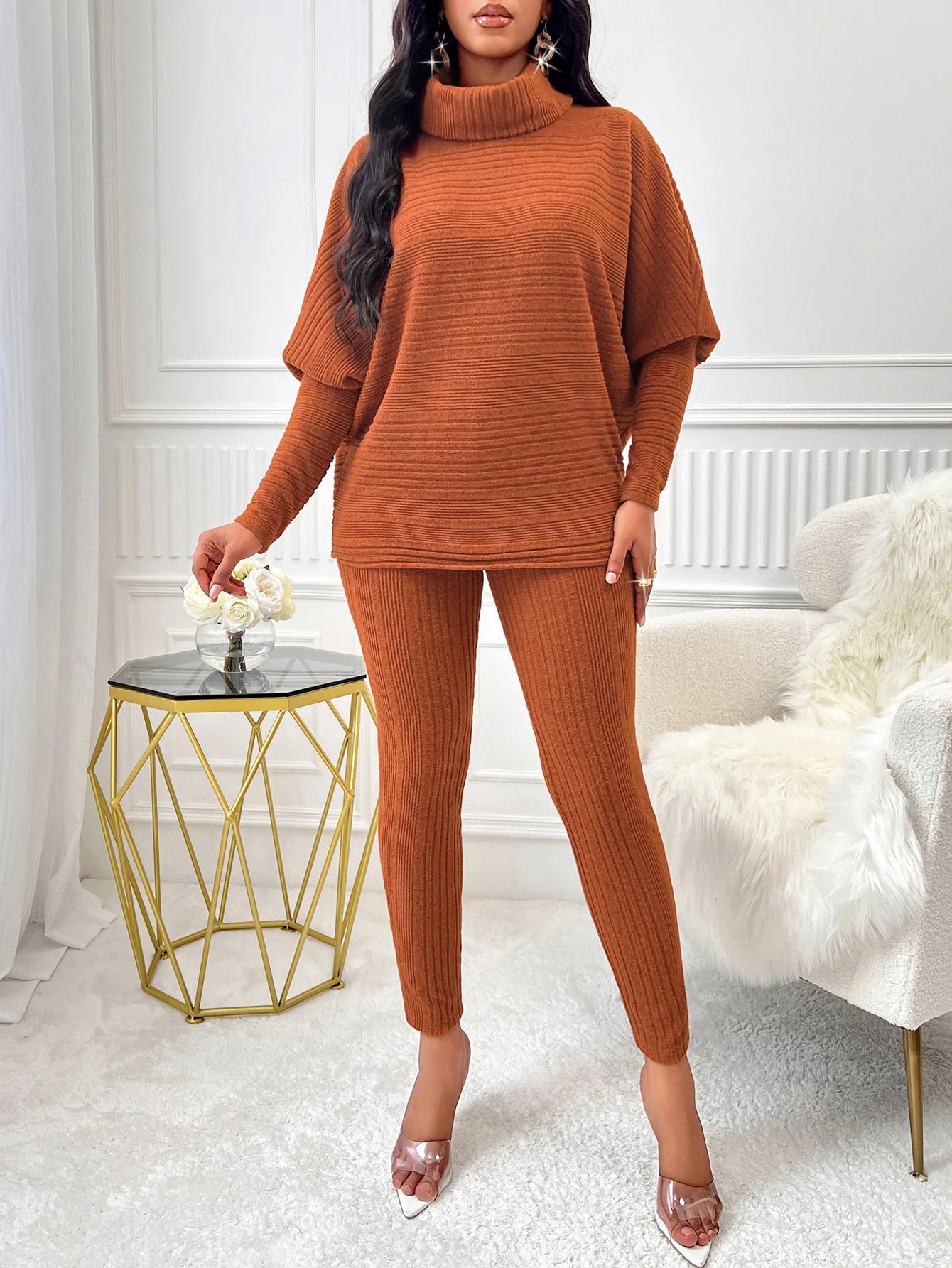 Street Style Two-Piece – High-Neck Top & Slim Knit Pants for Women