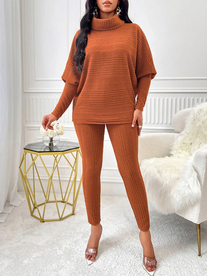 Street Style Two-Piece – High-Neck Top & Slim Knit Pants for Women