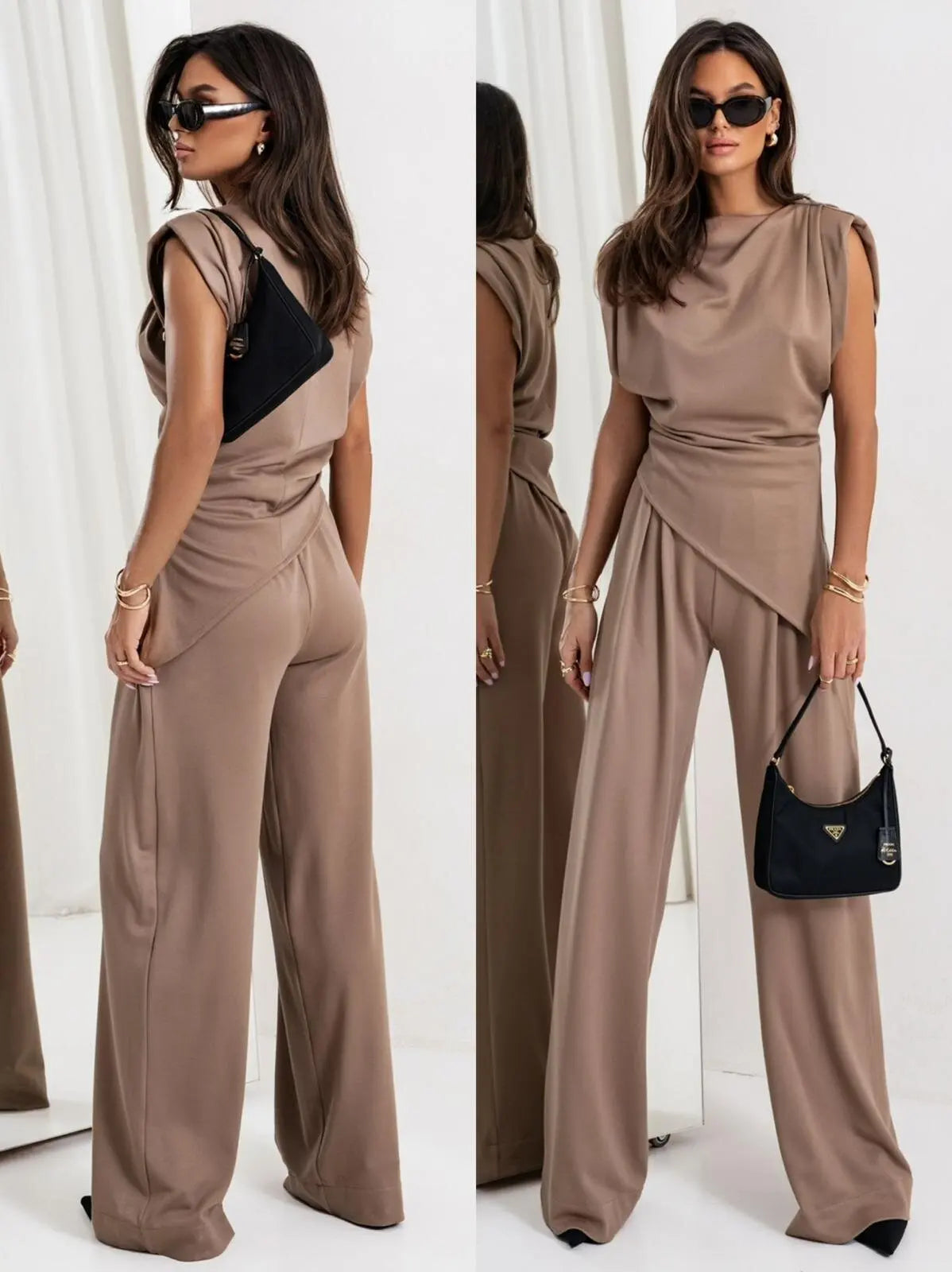 Women’s Solid Color Summer Set – Irregular Top + Wide Leg Pants