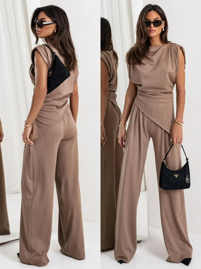 Women’s Solid Color Summer Set – Irregular Top + Wide Leg Pants