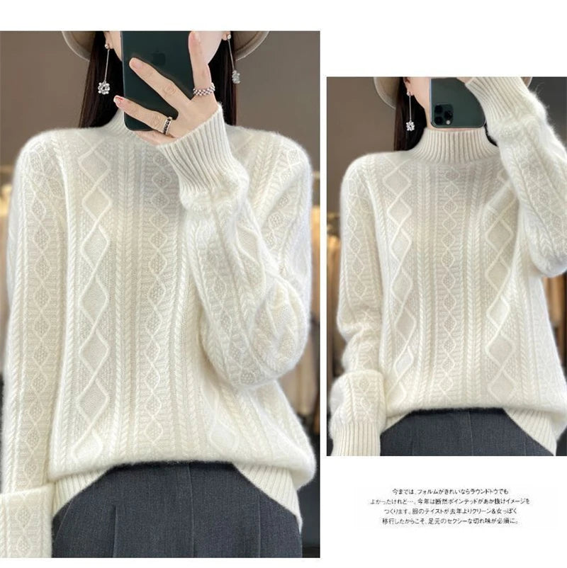 Korean Style Women’s Sweater – 100% Merino Wool Turtleneck Top