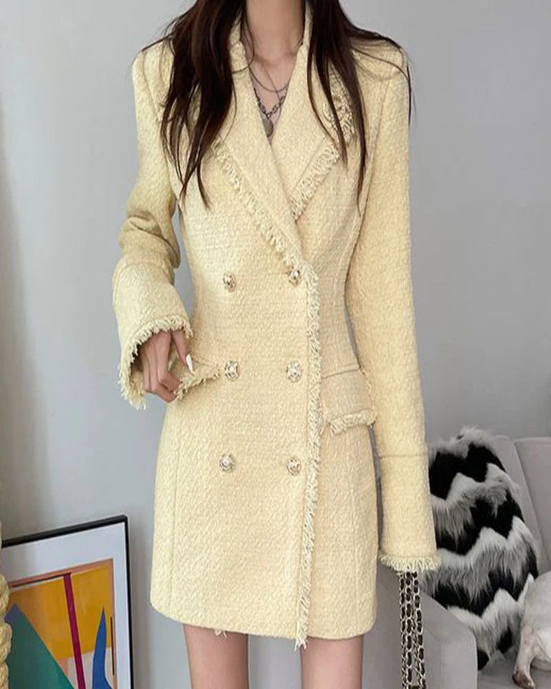Waist Cinched Wool Coat – Women’s Chic Long Sleeve Double-Breasted Jacke