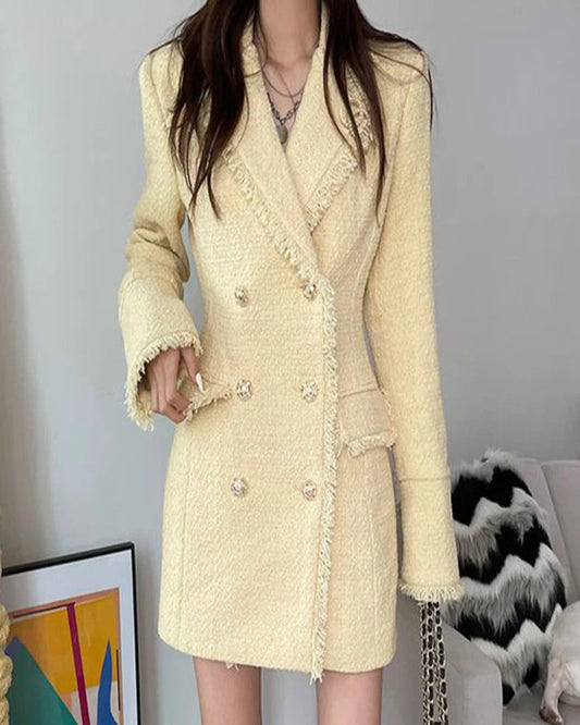 Waist Cinched Wool Coat – Women’s Chic Long Sleeve Double-Breasted Jacke