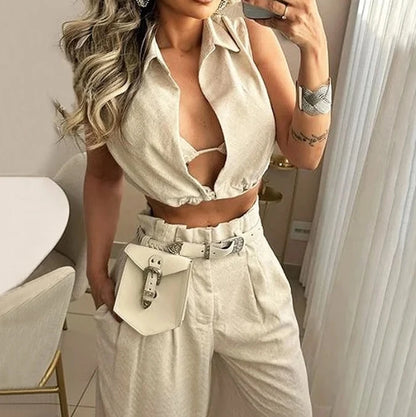 Casual Streetwear Set – Sleeveless Top & High Waist Wide Pants
