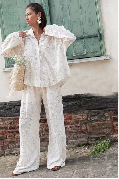 Women’s 2-Piece Suit – Elegant Long Sleeve Shirt & Wide Leg Pants