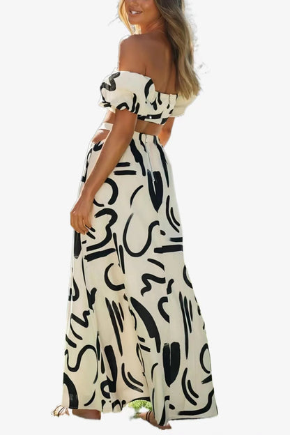 Elegant Women’s Set – Puff Sleeve Top & Hollow Waist Big Hem Dress