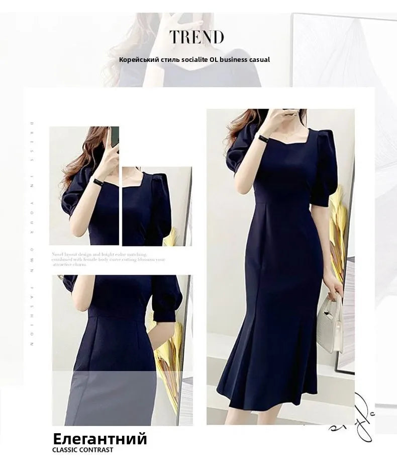 Fashionable Summer Dress – Slim Fit Square Collar Bubble Sleeve