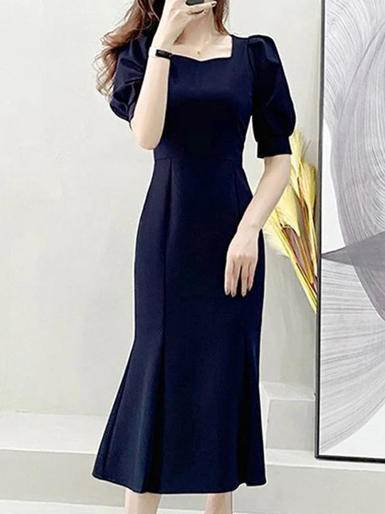Fashionable Summer Dress – Slim Fit Square Collar Bubble Sleeve