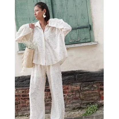 Women’s 2-Piece Suit – Elegant Long Sleeve Shirt & Wide Leg Pants