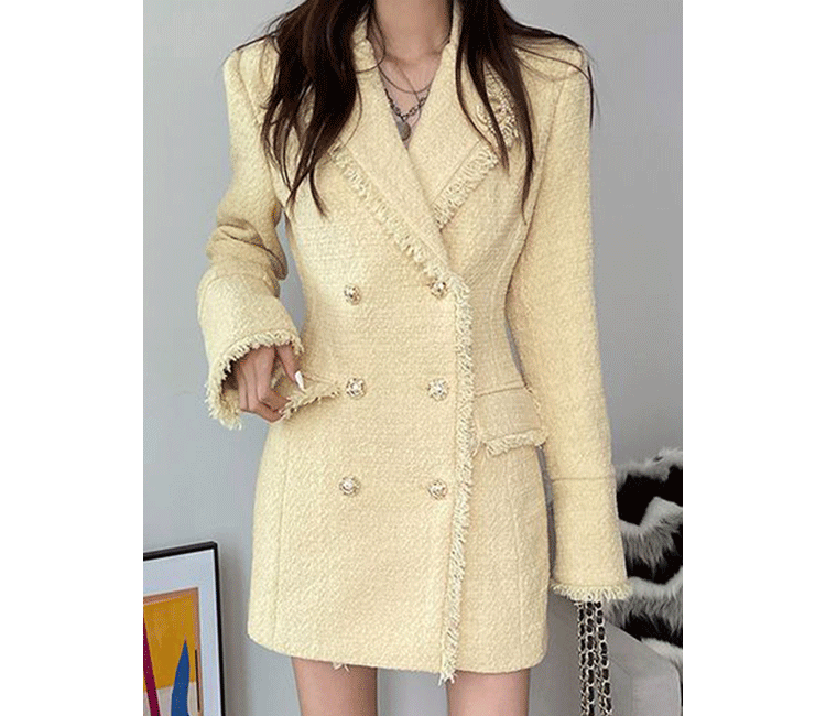 Waist Cinched Wool Coat – Women’s Chic Long Sleeve Double-Breasted Jacke