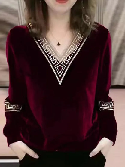 All-Occasion Women’s Top – Elegant Lace V-Neck Long Sleeve Tee