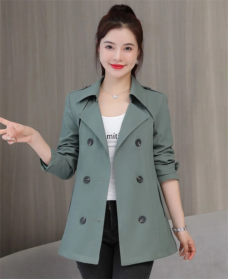 Spring Outerwear for Women – Belted Double-Breasted Long Sleeve Jacket