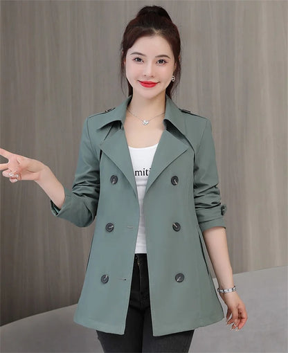 Spring Outerwear for Women – Belted Double-Breasted Long Sleeve Jacket