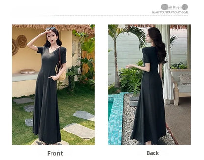 Casual Summer Dress – V-Neck Slim Waist Flared Skirt for Women