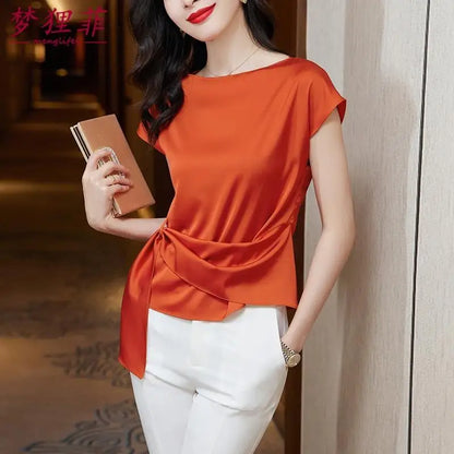 Chic Summer Top – Women’s Short Sleeve Satin Chiffon Blouse