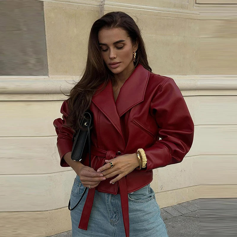 Short Faux Leather Jacket – Women’s Pockets Belt Turn-down Collar Coat